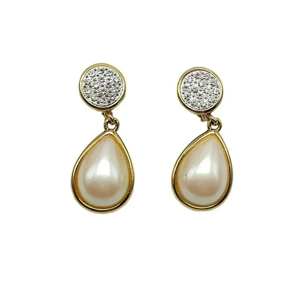 Monet Faux Pearl Clear Rhinestone Dangle Drop Earrings Gold Tone Vintage